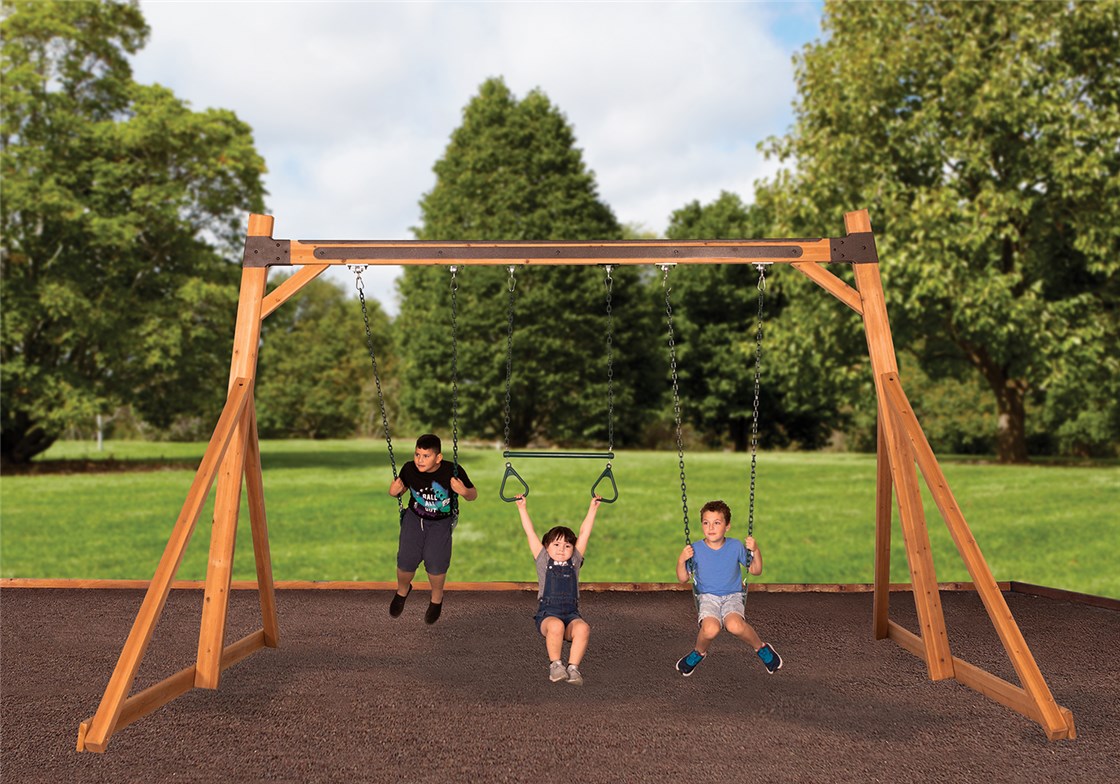 Free-Standing Swing Beam with Belt Swings and Trapeze Cedar Swing Set