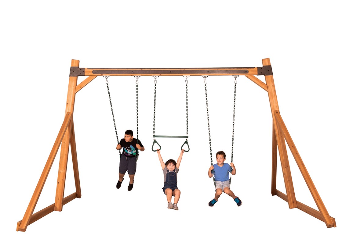 Free-Standing Swing Beam with Belt Swings and Trapeze Cedar Playset