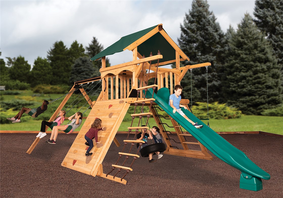 Olympian Peak XL 1 w/ Tarp Roof Green Wooden Swing Set