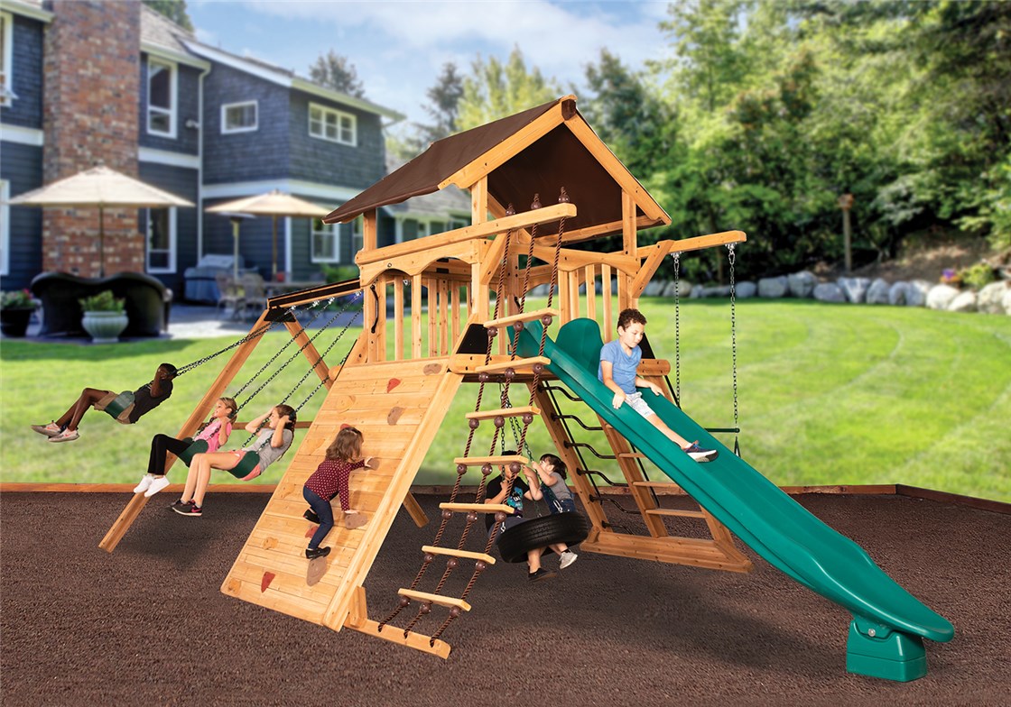 Olympian Peak XL 1 w/ Tarp Roof Mahogany Outdoor Swing Set