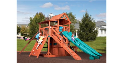 Wooden Swing Set With Rock Climbing Wall