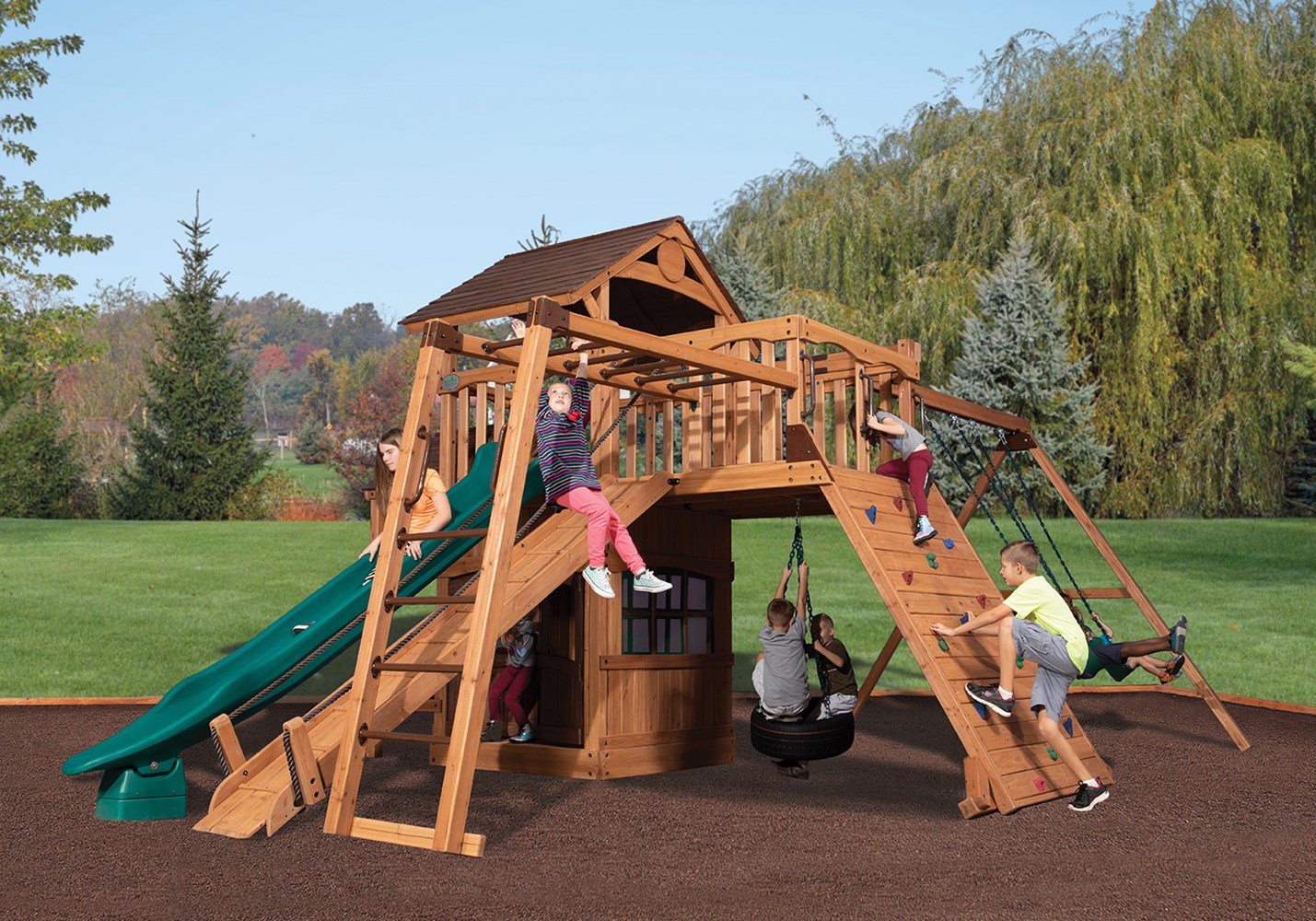 wooden swing set with bridge