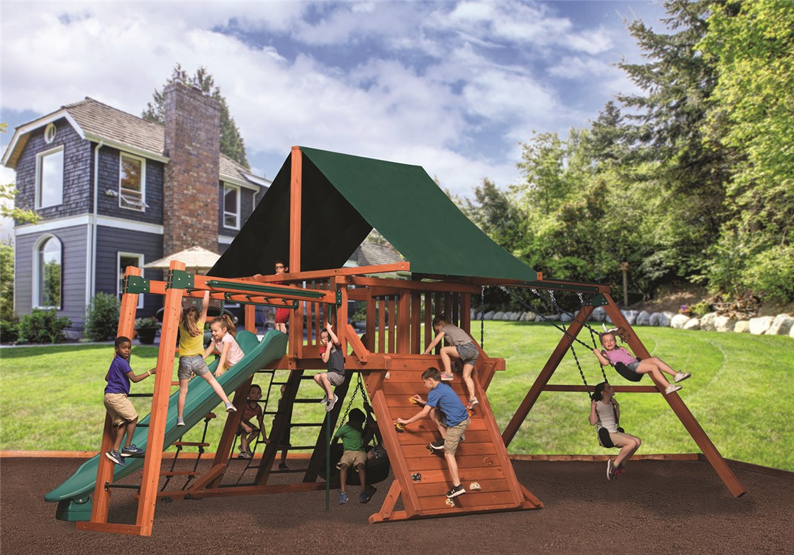 Adventure Peak Junior 1 w/ Green Tarp Roof & Monkey Bars Wooden Swing Set